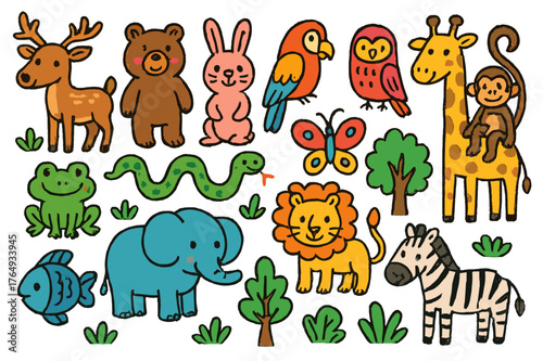 Colorful Forest Creatures. forest creatures. Colorful Hand-drawn doodle Children illustration forest creatures deer, bear, rabbit, owl, frog, snake, butterfly,