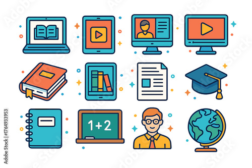 Colorful Learning Icons. Open learning resources. Colorful isometric vector icons set of open learning resources: laptop, tablet, online course, video lecture,