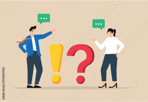 Flat illustration of businessman and businesswoman discuss question mark and exclamation mark with speech bubble symbolizing problem solving through FAQ
