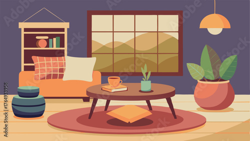 A cozy corner of a living room with a plush rug floor cushions and a low wooden table perfect for enjoying a cup of tea and a good book in true Japandi fashion.
