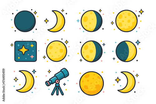 Colorful Moon Phases. Moon phases. Colorful isometric vector icons set of moon phases: new moon, waxing crescent, first quarter, waxing gibbous, full moon,