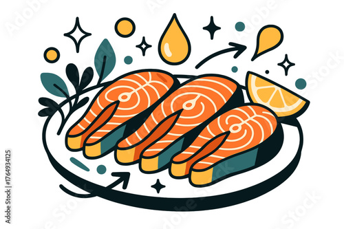 Fresh Salmon Delicacies. Oily fish. Fresh salmon fillets on platter with herbs and garnish; abstract floating droplets and sparkles convey premium quality,