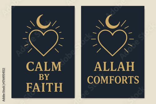 Elegant Spiritual Banners. Tranquil Heart. Two vertical A6 banners with safe margins, centered composition, no elements touching edges, bold, navy and gold,