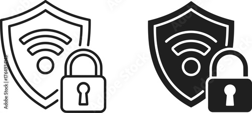 Secure Wi-Fi shield icons with padlock symbol representing internet protection, encryption, and cybersecurity on white background in black style