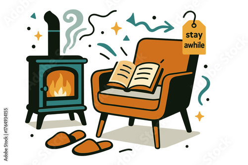 Cozy Hearth Reading. Keeper of the Hearth ? Quiet Read by the Stove. A chair, a book, and slippers rest in perfect calm; page edges glow with firelight. Tag