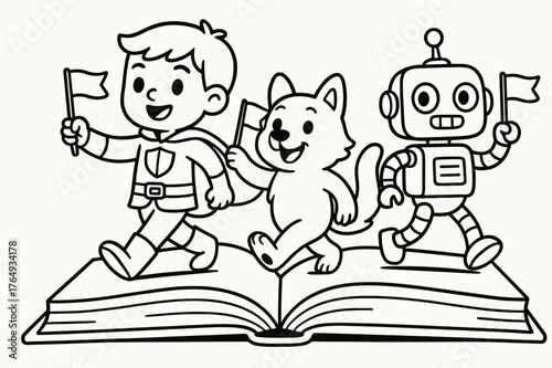 Storybook Parade. Book characters parade children?s coloring book illustration, outlined drawing, three simple story characters?a hero, an animal friend, and a