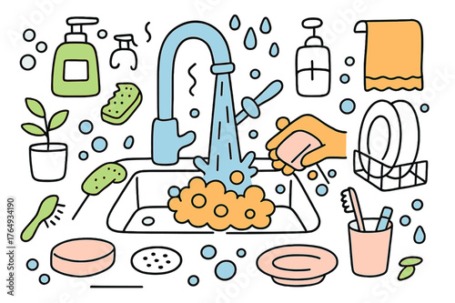Colorful Kitchen Illustration. Kitchen faucet. Hand-drawn doodle illustration faucet (colored), running water (colored), sink basin (colored), soap dispenser