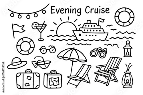 Evening Cruise Doodle. Evening Cruise. Hand-drawn doodle illustration Evening Cruise cruise ship, sunset, waves, cocktail, deck chair, flag, hat, sunglasses,