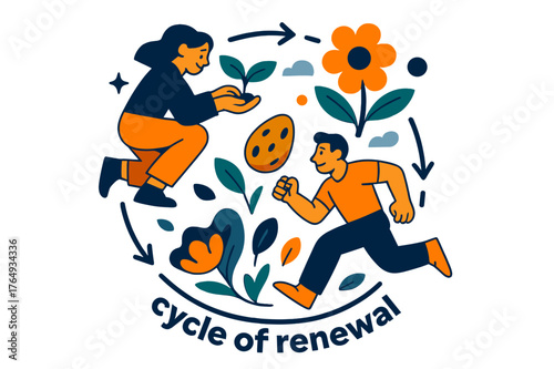 Seed to Sprout Cycle. Seeds ? Seasonal Cycle. Circular composition of sprout > flower > seed; small arrows trace time?s rhythm. Tag ?cycle of renewal?. Modern