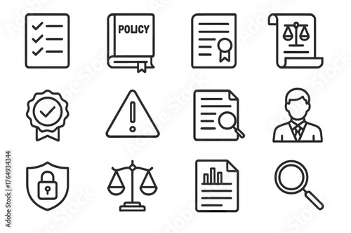 Legal Compliance Icons. Legal Compliance. Line icon set of Legal Compliance: checklist, policy book, rule document, law scroll, tick badge, warning triangle,