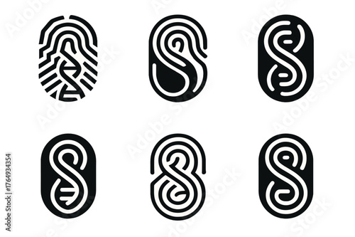 Cloning Ethics Logos. The ethics of cloning and creating synthetic organisms. Set Logo of consent and identity: fingerprint entwined with helix. Icon set.
