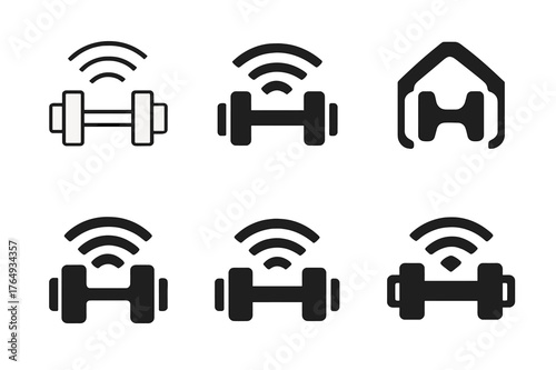 Smart Dumbbell Logos. Smart home fitness equipment. Set Logo of Smart home fitness equipment: connected dumbbell emitting Wi-Fi waves. Icon set. harmonious