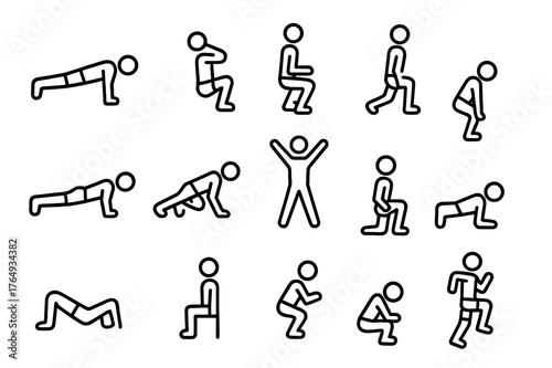 Bodyweight Exercise Icons. Bodyweight Exercises. Line icon set of Bodyweight Exercises: push-up, sit-up, squat, lunge, plank, mountain climber, jumping jack,