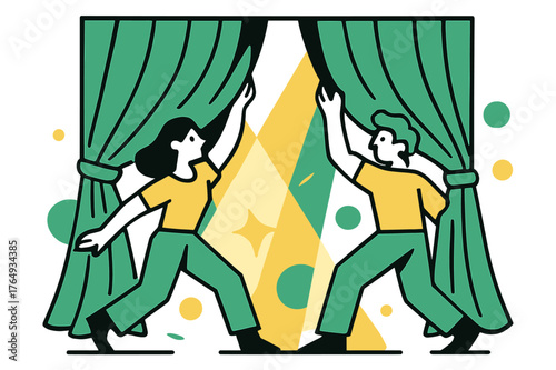 Curtains Close Dramatically. Closing Curtains. Stage curtains slowly closing after a performance, abstract flowing folds and spotlight highlights, dramatic and