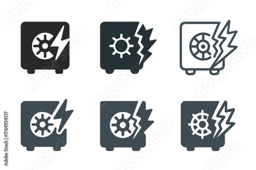 Cyber Security Logos. Cyber loss risk. Set Logo of Cyber loss risk: data vault with breach. harmonious logo variations of the same emblematic concept, each