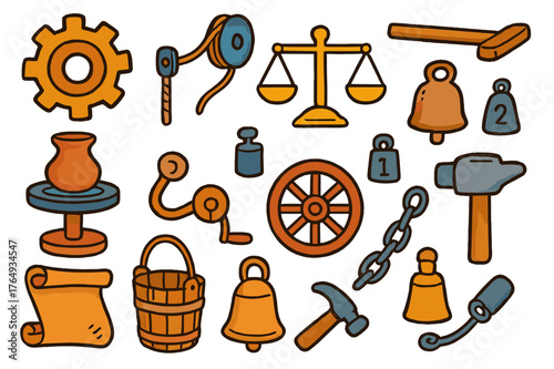 Colorful Early Machines. Early machines. Colorful Hand-drawn doodle Children illustration Early machines bronze gear, pulley, lever, balance scale, wheel,