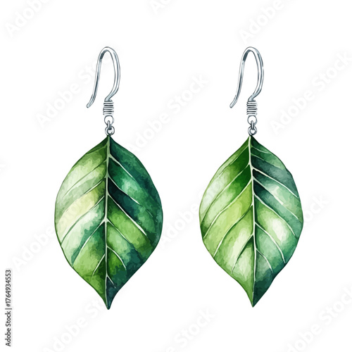Leaf Earrings, watercolor illustration vector, isolated on a white background.