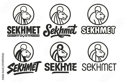 Sekhmet Emblem Variations. Emblem of Sekhmet. Set lettering. harmonious lettering variations of the same emblematic concept, each with different artistic