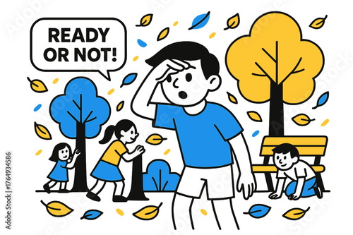 Park Hide and Seek. Hide and Seek in the Park. Kids scatter behind trees and benches; a playful ?Ready or not!? tag floats as leaves swirl like confetti. A