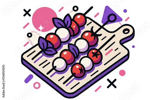 Caprese Skewers Abstract. Caprese Skewers. Caprese skewers on a wooden board with floating abstract geometric shapes and soft glowing accents, vibrant and