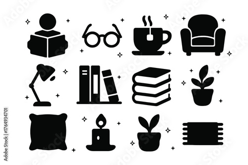 Reading Icons Collection. Person Reading. Solid icons set of Person Reading: open book, reading glasses, cup of tea, cozy armchair, floor lamp, bookshelf,