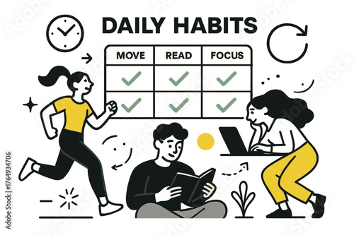 Daily Habit Tracker. Vision Board ? Daily Habits. A neat habit grid with checkmarks gliding across; labels ?Move, Read, Focus?. A minimal clock and arrow loop
