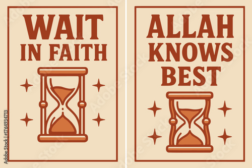 Retro Faith Banners. Patience. Two vertical A6 banners with safe margins, centered composition, no elements touching edges, retro, red and beige, hourglass,