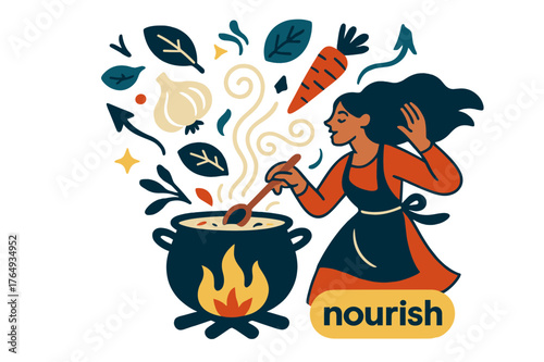 Herbal Stew Symphony. Keeper of the Hearth ? Herbal Stew. Leaves, garlic, and root icons swirl into a simmering pot; aroma lines curl like music. Label