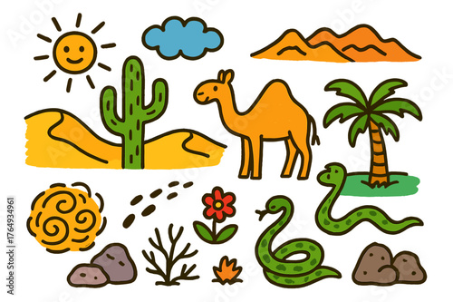 Vibrant Desert Doodles. Desert landscape. Colorful Hand-drawn doodle Children illustration Desert landscape sand dunes, tall saguaro, sun, tumbleweed, rocks,