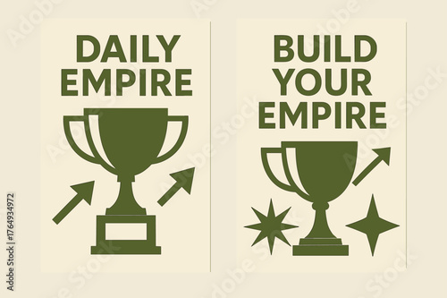 Empire Building Banners. Daily empire. Two vertical A6 banners with safe margins, centered composition, no elements touching edges, geometric, olive green and