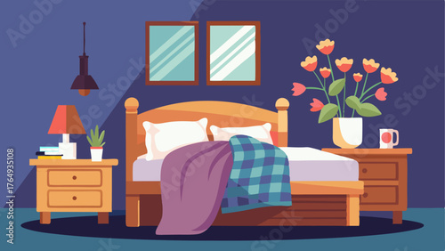 A charming guest room with a wooden bed frame freshly picked flowers on the nightstand and a cozy plaid throw blanket.