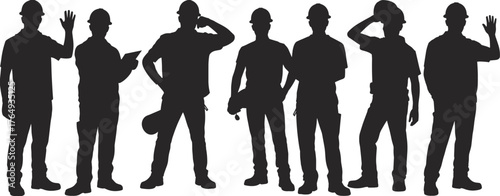 Construction workers silhouette, hard hats, teamwork, labor force, industrial safety, infrastructure crew, occupational unity, job site, manual work, engineering staff