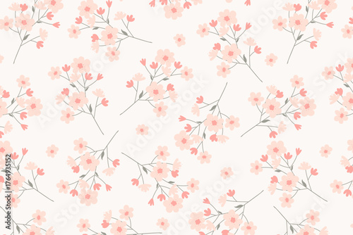 Seamless vector pattern with hand-drawn pink cherry blossom branches. Delicate minimalist floral design in pastel colors. Perfect for spring textiles, wallpaper, wedding decor, and backgrounds﻿