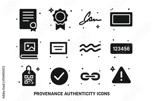 Provenance Icons Grid. Provenance and authenticity. Solid icons set of Provenance and authenticity: provenance document, certificate seal, artist signature,