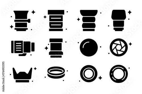 Photographic Lens Evolution Icons. Photographic Lenses Evolution. Solid icons set of Photographic Lenses Evolution: petzval lens, rapid rectilinear, tessar