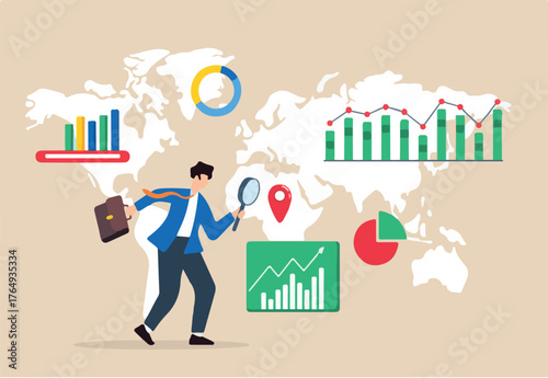 Flat illustration of businessman use magnifying glass analyze global business opportunity and risk with graph chart on world map analysis international economic searching foreign career