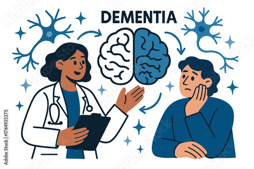Dementia Explained Visually. Brain disorders and conditions. Doctor explaining dementia effects on brain to patient with abstract floating neurons, arrows, and