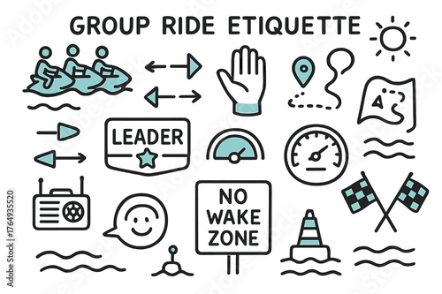 Group Ride Doodle. // Group ride etiquette. Hand-drawn doodle illustration Group ride etiquette [formation icons (accented), hand signal (accented), distance