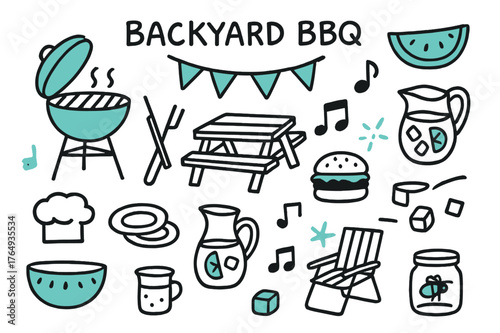 Backyard BBQ Doodle. // Backyard BBQ. Hand-drawn doodle illustration Backyard BBQ [grill (accented), tongs, picnic table, watermelon bowl (accented), lemonade