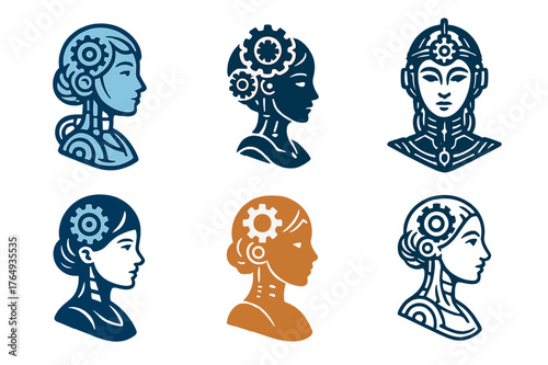 Futuristic Logo Variations. Art in science fiction and speculative fiction. Set Logo of Art in science fiction and speculative fiction: Mechanical muse.