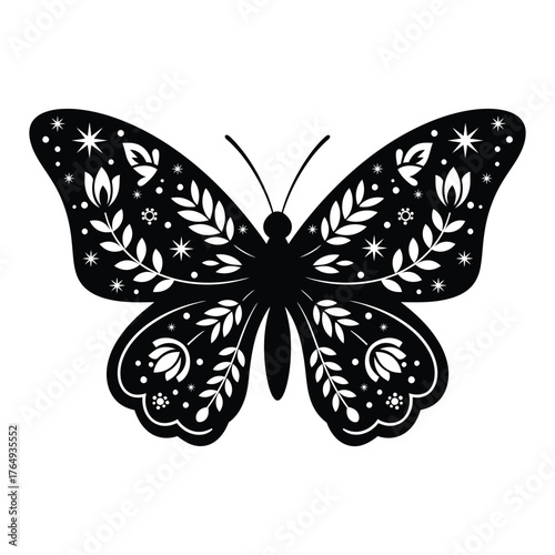 Intricate black and white butterfly silhouette adorned with floral and celestial motifs