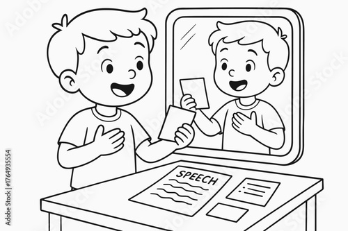 Speech Practice Coloring Page. Speech preparation children?s coloring book illustration, outlined drawing, a child practicing a speech in front of a mirror