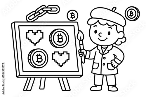 Crypto Art Coloring. Blockchain art and cryptocurrency concepts children?s coloring book illustration, outlined drawing, a smiling artist character holding a
