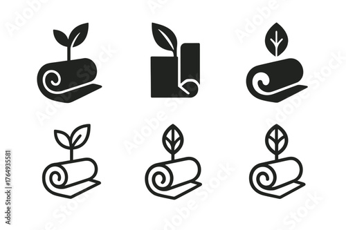 Body Balance Logos. Compact home fitness setups. Set Logo of body balance: yoga mat and leaf. Icon set. harmonious logo variations of the same emblematic