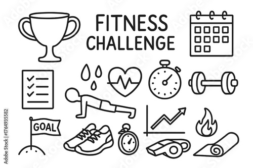 Fitness Challenge Doodle. Fitness challenge. Hand-drawn doodle illustration fitness challenge trophy, checklist, calendar, push-up icon, stopwatch, sweat