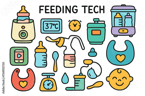 Feeding Tech Doodle Icons. Feeding tech. Colorful Hand-drawn doodle Children illustration Feeding tech bottle warmer, milk temperature display, formula