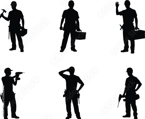 Construction worker silhouettes, handyman tools, industrial labor, black figures, repair crew, manual work, drill, hammer, toolbox, tradespeople, maintenance, job site, workforce, skilled labor,