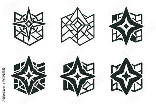City Navigation Logos. A person navigating a city street with a map or GPS on their phone. Set Logo of compass over city blocks: harmonious logo variations of