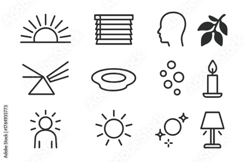 Light and Shadow Icons. Light and Shadow. Line icon set of Light and Shadow: sunbeam, window blinds, silhouette, shadow of leaves, prism rainbow, reflection