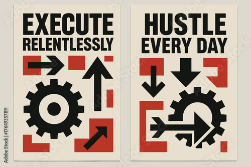 Relentless Execution Banners. Execute relentlessly. Two vertical A6 banners with safe margins, centered composition, no elements touching edges, brutalist,